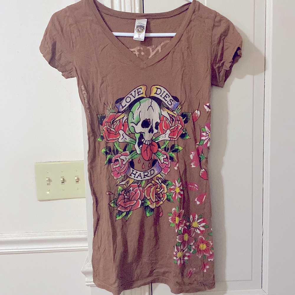Light Brown “Love Dies Hard” Ed Hardy Women’s Graphic Tee